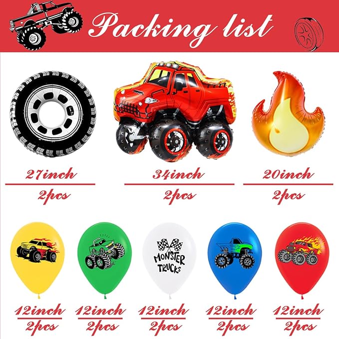Monster Truck Theme Birthday Party Decorations Wheels Balloons Fire balloons Happy Birthday Truck Shaped Balloons for Girls Boys Birthday Baby Shower Wedding Party Supplies