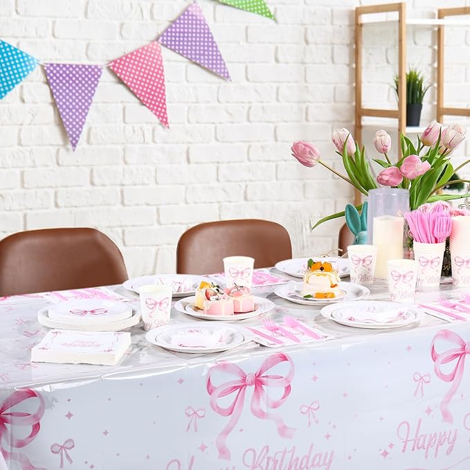 Pickmesh 194 Pcs Pink Bow Birthday Decoration Coquette Birthday Tableware Set Includes Pink Bow Paper Plates Napkins Cups Tablecloth Coquette Party Supplies for Baby Shower Bachelorette Party Decor
