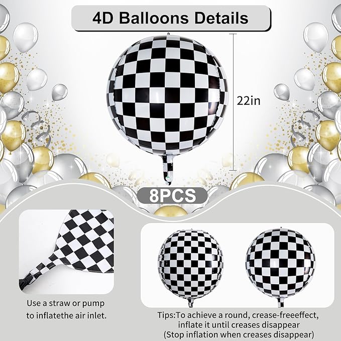TONIFUL 8Pcs Large Checkered 4D Giant Round Foil Balloon 22inch Big Mirror Metallic Mylar Sephere Balloons for Christmas New Year Birthday Party Graduation Wedding Baby Shower Decoration Supplies
