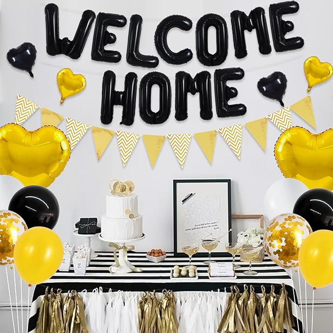 TONIFUL Welcome Home Decorations,16 Inch Black Welcome Home Foil Balloon Banner Black Gold Confetti Balloons Pennant Flag Bunting for Homecoming Party House Warming Party Family Gathering Supplies