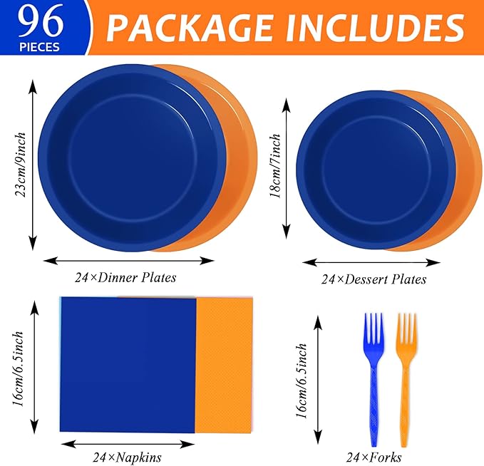 Wiooffen 96 Pcs Orange and Blue Birthday Party Plates Napkins Dart War Party Supplies Tableware Disposable Orange Blue Paper Dinnerware Decoration for Baby Shower Birthday Party, 24 Guests