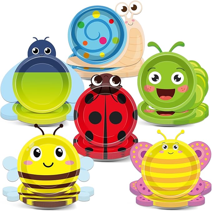 60Pcs Spring Bug Birthday Party Decorations Ladybugs Bee Butterfly Reptile Paper Plates Insect Tableware Dinnerware Set Bug Dessert Plates for Spring Summer Birthday Party Baby Shower Favors Supplies