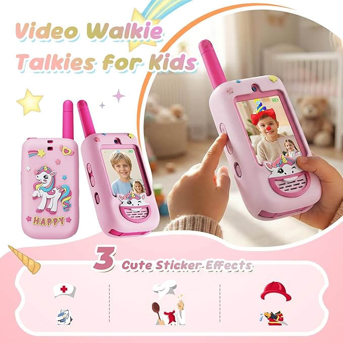 Kids Video Walkie Talkies, 2 Pack Walkie Talkies with Screen, Two Way Radio with 4 Voice Effects, Rechargeable Long Range Toys for Boys Girls Age 3-12, Camping Hiking Birthday Gift