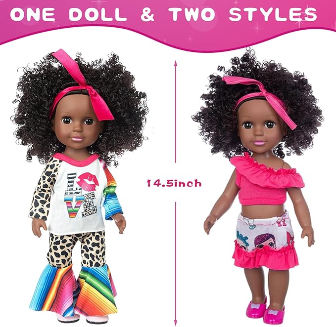 XFEYUE14.5 inch Black Doll and 2 Sets Clothes Accessories, African American Baby Girl Doll Including Glasses, Camera, Bag &Shoes for Kids Girls