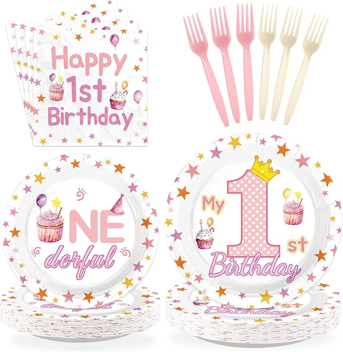 96 Pcs Pink First Birthday Party Decorations Sweet One Happy 1st Birthday Plates and Napkins Pink Party Crown Tableware Set for Girl 1-Year-Old-Birthday Supplies, Serves 24