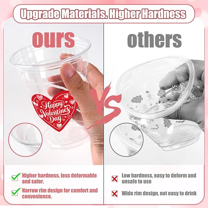 50Pcs Valentine's Day Party Decoration Cups, 12oz Pink Red Valentine's Day Heart Disposable Clear Plastic Cup for Valentines Day Birthday Wedding Drinkware Beverage Drinks Party Decor Supplies