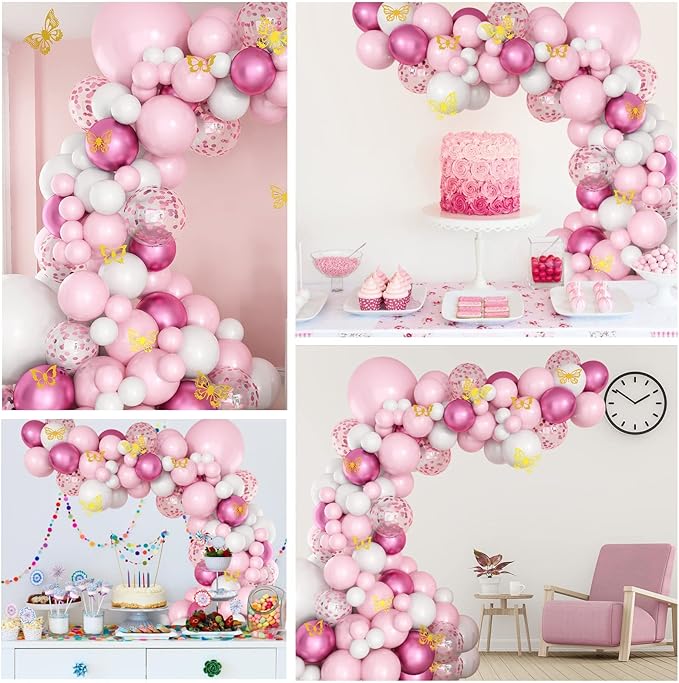 Pink and White Balloon Arch Garland Kit, Pink White Metallic Magenta Confetti Latex Balloons and Butterfly Accessories for Baby Shower Wedding Birthday Anniversary Party Decorations