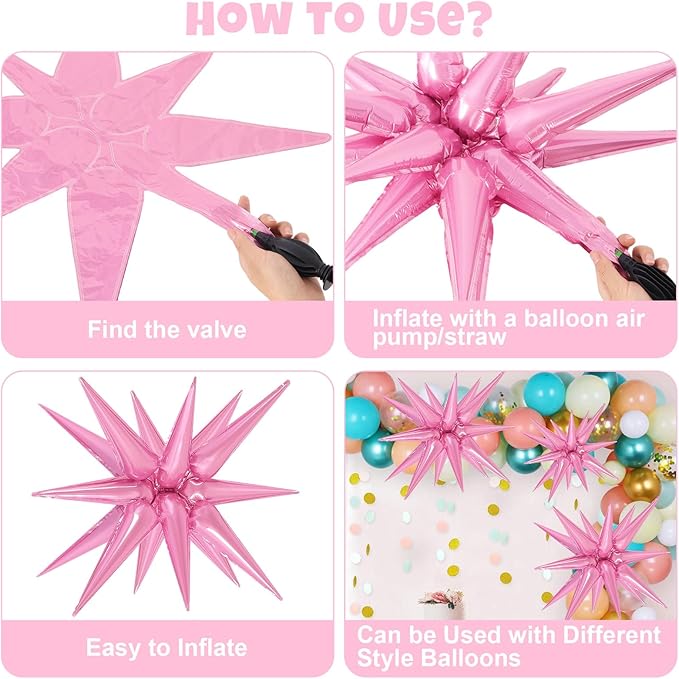 10 Pcs Pink Star Balloons Explosion Balloons Foil Cone Balloon Magic for Birthday Wedding Anniversary Party Backdrops Decorations Supplies, 6 Pcs 22Inches and 4 Pcs 27Inches