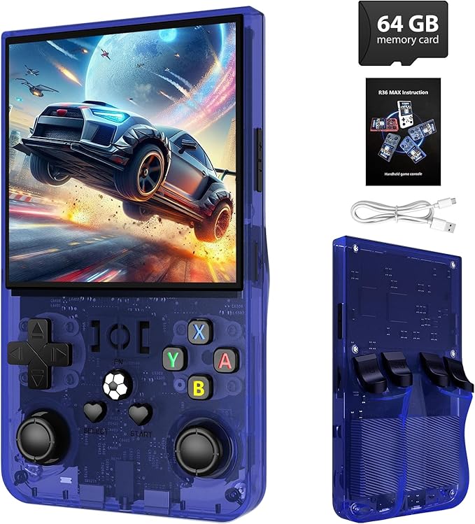 R36MAX Retro Handheld Game Console,64GB Open Source System Support 30+ Emulator Console,4.0 Inch IPS Screen Retro Gaming Console,4000mAh Battery,Video Game Console for Christmas-Transparent Blue