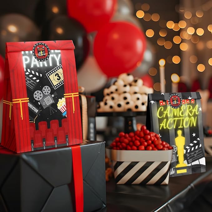 HaPiBiDesign Movie Night Party Favor Bags - 24 Pcs Candy Bags with Stickers - Themed Birthday Party Supplies