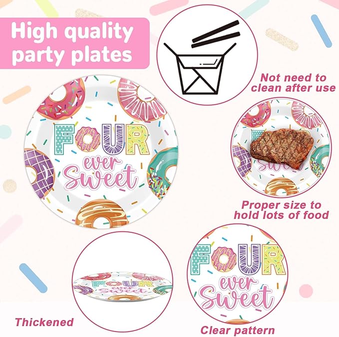 98 Pieces Four Sweet Donut Birthday Party Supplies for 24 Guests Girls Donut Tableware Set Baby Girl 4th Birthday Donut Plates and Napkins Tablecloth Party Decorations Dinnerware Party Favors