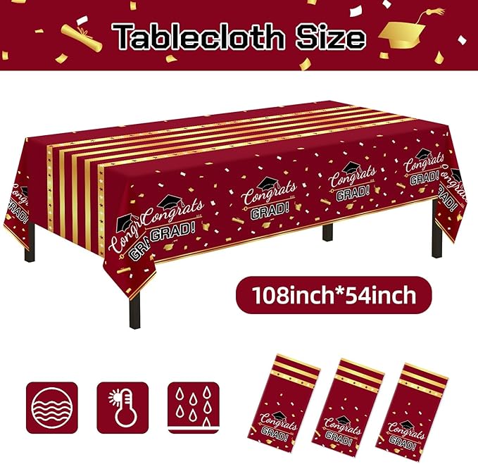 Childom 3 Pack Graduation Tablecloth,Graduation Decorations Class of 2026 Graduation Party Decorations,54"x108"Wine Red and Gold Plastic Table Cloth Disposable Rectangle for Home,School Party Supplies