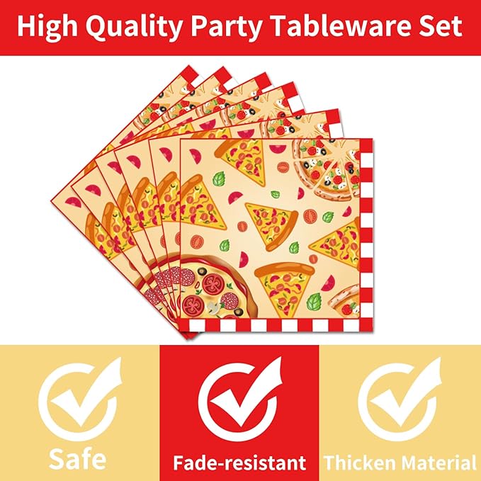 Pizza Plates and Napkins Party Supplies - 96PCS Pizza Birthday Party Decorations Pizza Time Pizza Themed Disposable Tableware Set Serves 24 Guests
