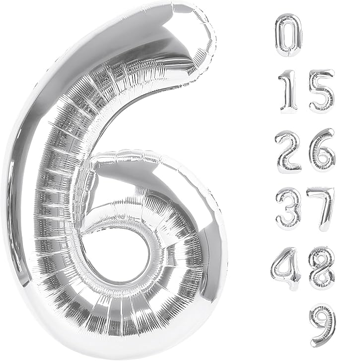 Number 6 Balloon 40 Inch, 6 7 Six Seven Birthday Decorations, 6th Birthday Balloon for Boy Girl, Silver 16 60 61 65 Numbers Balloons Graduations Anniversary Supplies