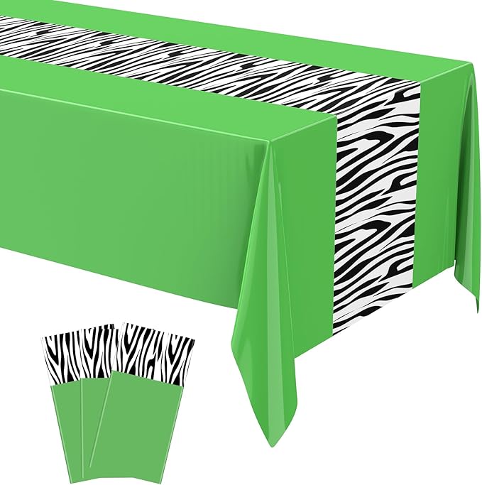 Buryeah 3 Pcs Zebra Tablecloth Zebra Print Plastic Table Cloth Disposable Tablecloth Animal Safari Table Cover 54 x 108'' for Baby Shower Wedding Birthday Party Decorations Supplies (Green)