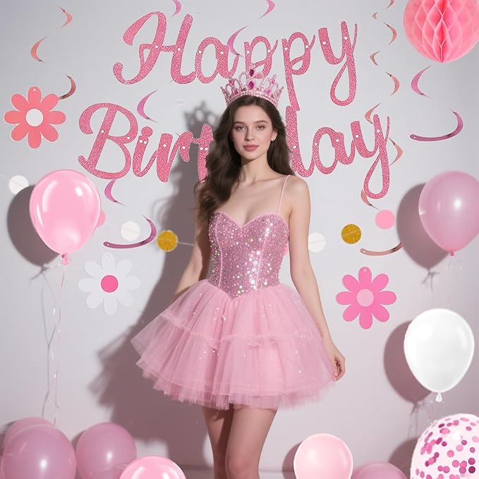 Pre-Strung Pink Birthday Decorations for Women Kits- Birthday Curtain Backdrop, Ballons, Glitter Banner with Honeycomb Balls, Stars Hanging Swirl Streamers, Circle Dots Garland