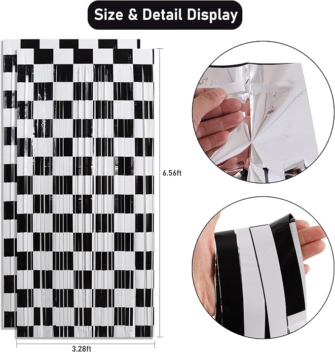 TONIFUL 2Pcs Checkered Door Streamers, Photo Booth Backdrop,Metallic Streamers Checkered Foil Fringe Curtains for Birthday,New Year,St. Patrick's Day Independence Day Labor Day Party Decor