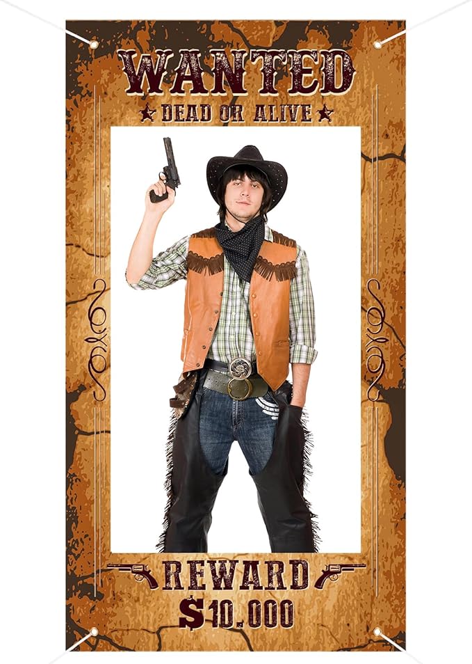 Large Western Wanted Poster Western Cowboy Party Decoration Wanted Photo Booth Frame Wild West Selfie Banner Backdrop for West Cowboy Birthday Party Retro Rustic Decoration Supplies (Brown)
