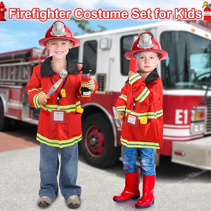 Fireman Costume for Kids, 10 Pcs Firefighter Costume with Toy Accessories Set, Fireman Role Play Outfit Toys, Kids Firefighter Dress Up Clothes, Halloween for Boys Toddlers Ages 3 4 5 6 7