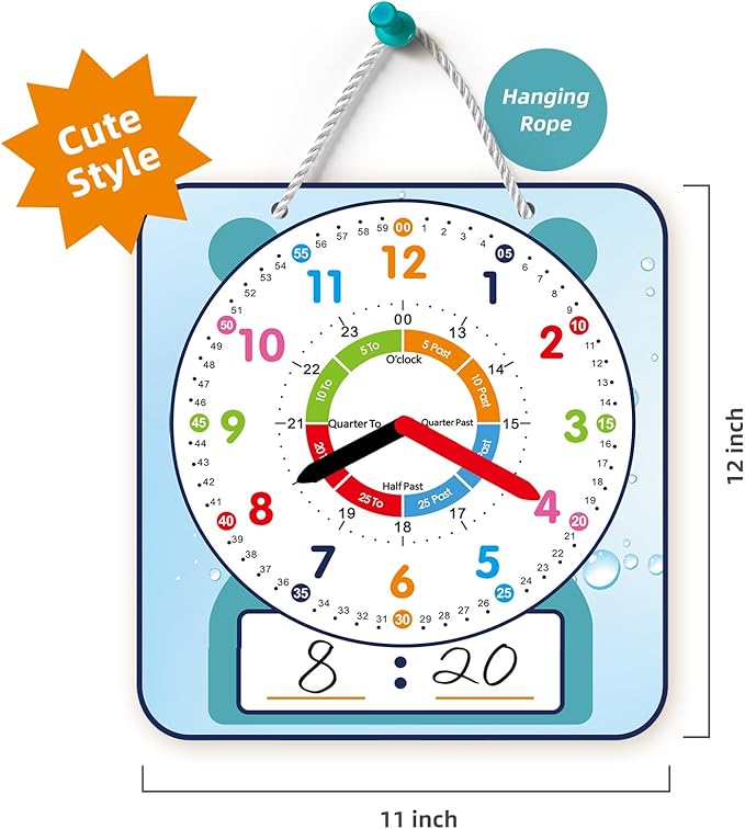 2 Pack Magnetic Writable Dry Erase Teaching Clock, Large 12" Teaching Demonstration Clock for Kids Learning Time with Cute Style for Home School Classroom Supplies(12" x 11")