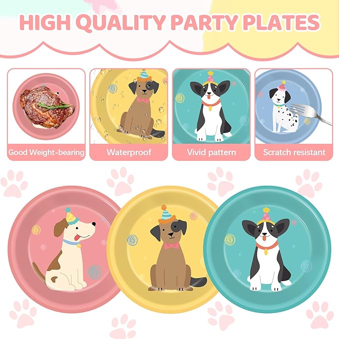 60pcs Pet Dog Birthday Party Supplies Vintage Puppy Paper Plates 7 Inch Retro Puppy Face Dessert Plates Cute Dog Themed Table Decorations Tableware for Kids Birthday Baby Shower Disposable Party Favor