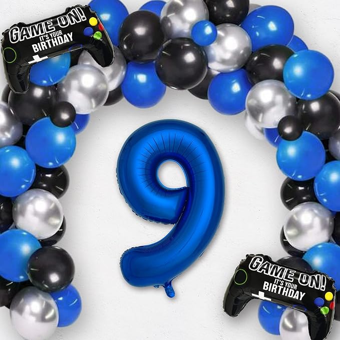 Navy Blue Video Game Party Supplies Boys 9th Birthday Party Decorations- 2 Packs Game On Balloons with Dark Blue Number 9 Balloon