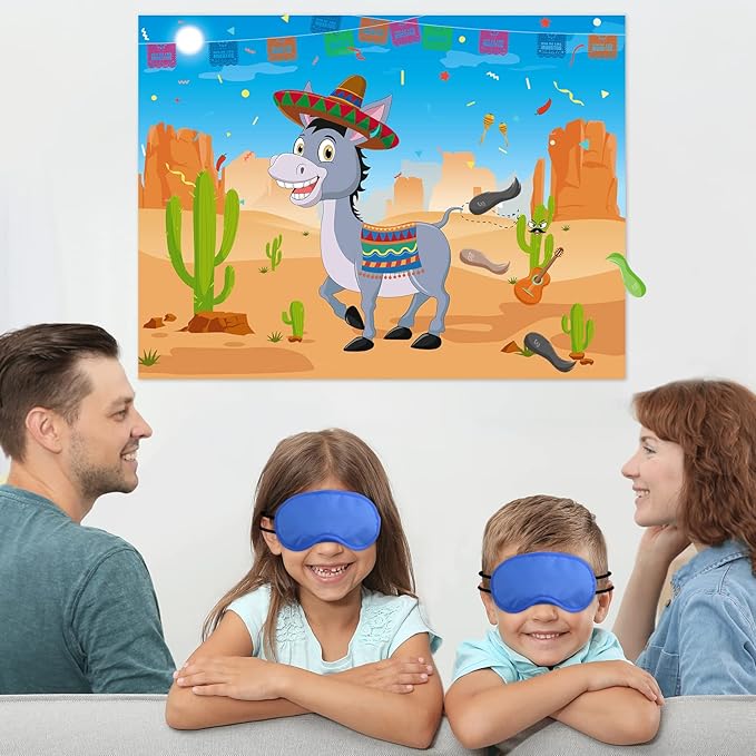 Morcheiong Pin The Tail on The Donkey Game with 48 Tails, Mexican Fiesta Party Favors Supplies Decorations, Birthday Party Game for Kids
