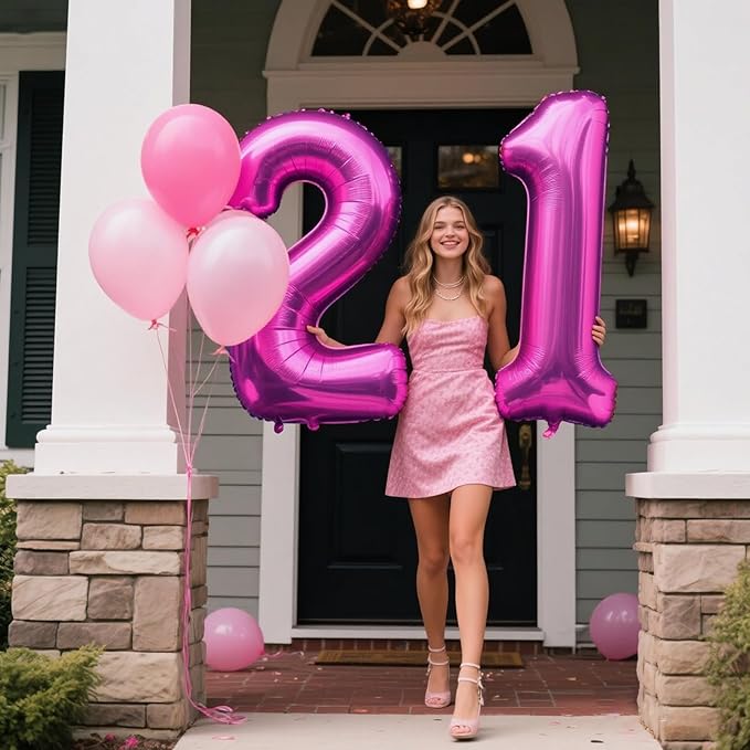 40 Inch Large 21 Balloon Numbers Rose Purple Big Foil Number Balloons Giant Helium Happy Birthday Party Decorations for Man and Women, Huge Mylar Anniversary Party Supplies