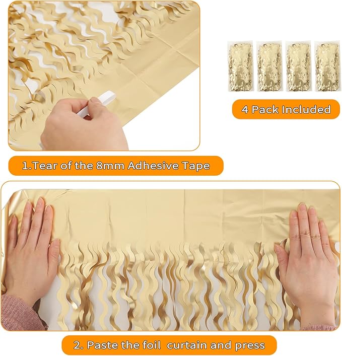 4 Pack Wavy Champagne Gold Metallic Tinsel Foil Fringe Curtains Backdrop - 3.3X6.6ft Foil Fringe Backdrop for Parties | Door Streamers for Birthday | Photo Booth Backdrops Party Decor