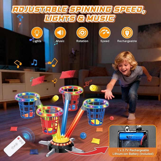 VATOS 3 in 1 Bean Bag & Ring Toss Game, Musical Jumping for Kids, Electric Spinning Base with Remote, Lights, 12 Sandbags, 12 Tossing Rings, 12 Balls, Indoor Outdoor Backyard Sport Toy for Boy Girl 3+