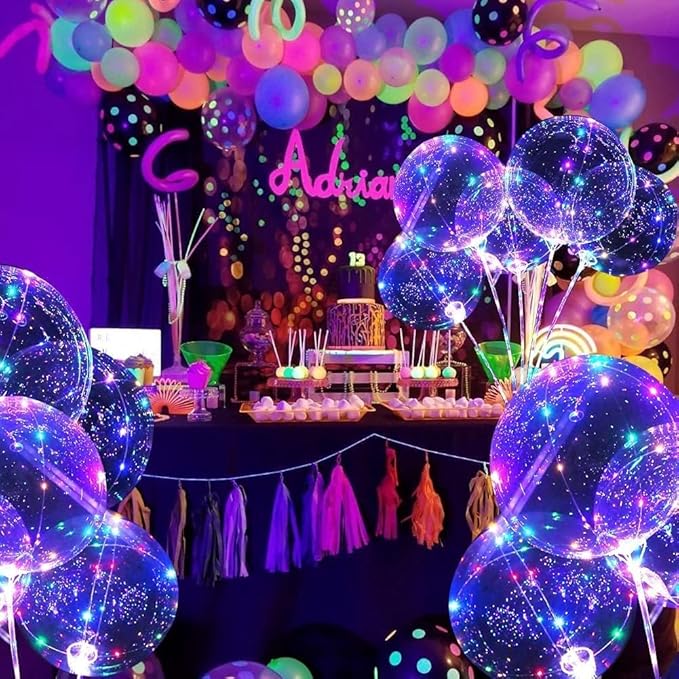 10 Pack LED Balloons with Sticks, 15Pcs 20 Inch Clear Bobo Balloons Light Up Helium Glow Bubble Balloon Lights for Party Supplies Valentines Decor (Colorful)