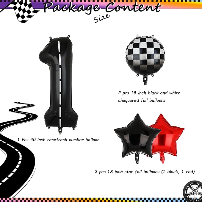Race Car Birthday Balloons 40 Inch Racetrack Number Balloon 1 Black Baby Shower Boys 1st Birthday Race Car Theme Party Decor Supplies Mylar Balloon 5 Pcs