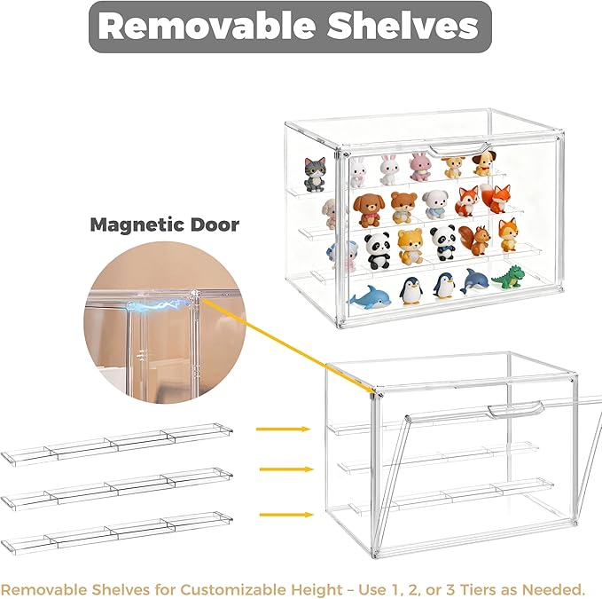 Clear Acrylic Display Case 2 Pack, Stackable 4-Tier Figure Showcase with 3 Movable Shelves, Interlocking Edges & Magnetic Door for Action Figures