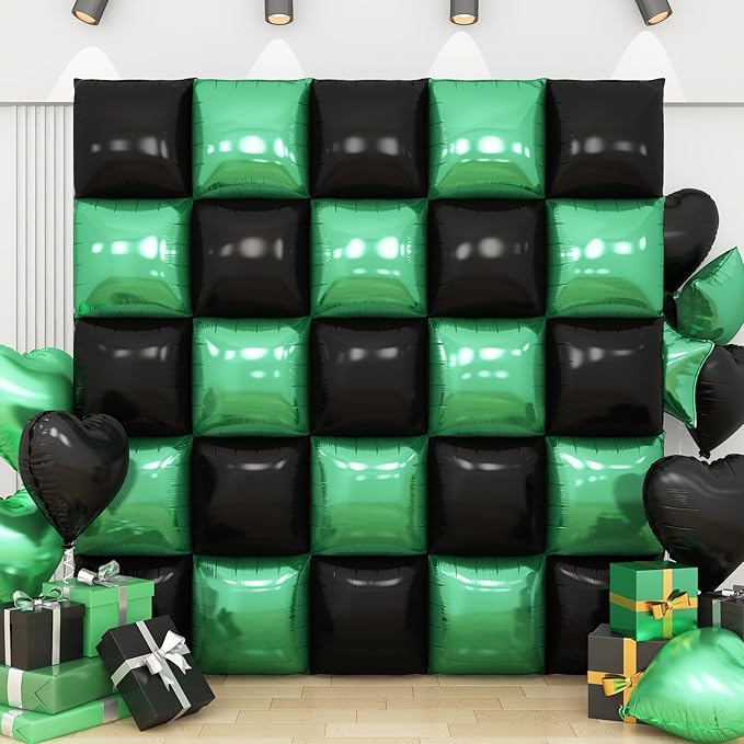 Black Green Square Foil Balloon Wall,25Pcs Double Sided Foil Balloons Backdrop Helium Tunnel Arch Garland Kit for Birthday Gradution Anniversary Baby Shower Party Decorations