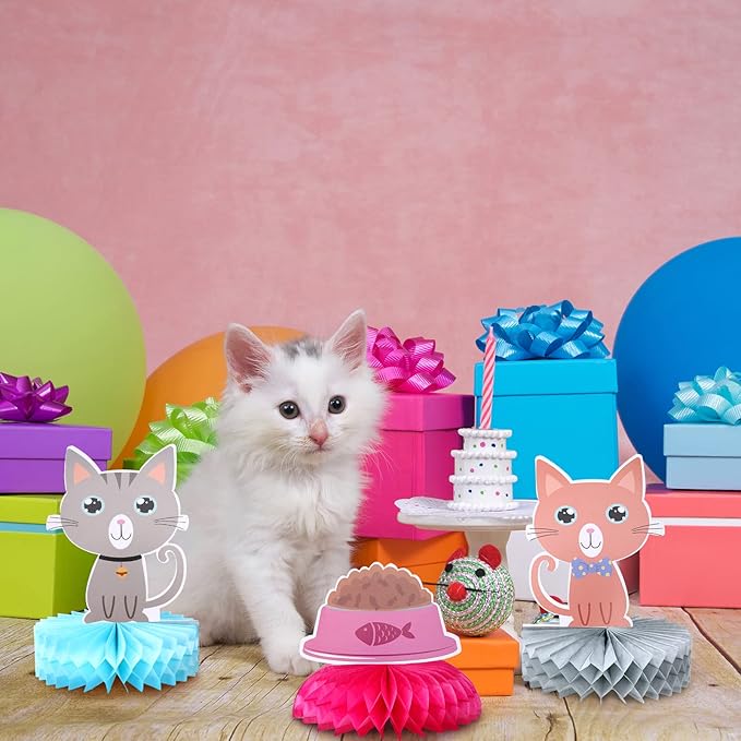 Chinco 9 Pcs Cat Party Centerpieces for Tables Birthday Decorations Honeycomb Cat Party Supplies Table Topper Decoration for Bridal Shower Wedding Birthday