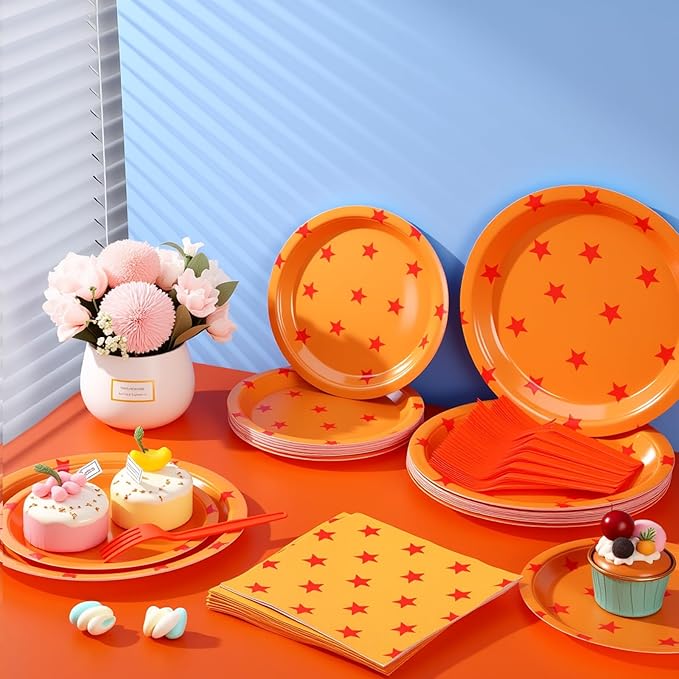 Oudain 96 Pcs Anime Theme Party Supplies 24 Sets Anime Paper Plates Napkins Forks Orange and Red Stars Print Disposable Plate Napkin Fork for Anime Party Decoration