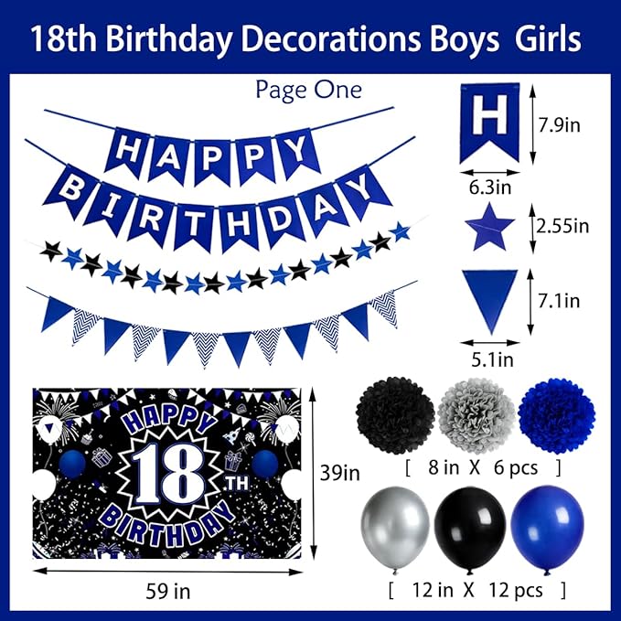 Blue Black 18th Birthday Decorations for Boys, 18 Birthday Banner & Balloons Set with Backdrop, Large 18 Foil Balloon, Hanging Swirls – Complete 18 Year Old Party Supplies.