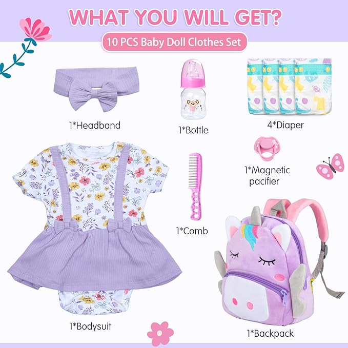 10 Pcs Reborn Baby Doll Clothes Accessories Set Fit 17-22 Inch Realistic Baby Dolls, Reborn Doll Clothes with Purple Unicorn Backpack Magnetic Pacifier & Headband Girl