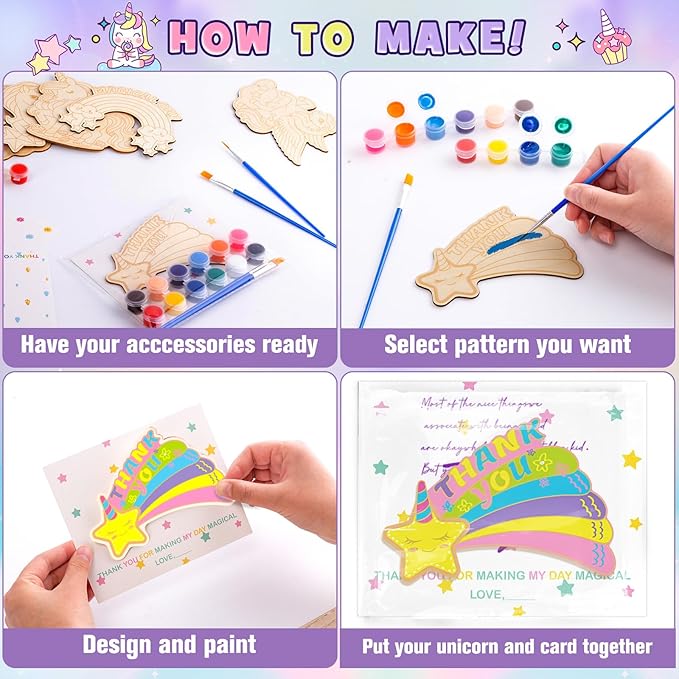 Winrayk 12 Pack Pre-Packaged Unicorn Party Favors for Girls, Wooden Unicorn Cutouts with Gift Cards & Painting Kits, Kid Rainbow Princess Art and Crafts Goodie Bag Stuffer Birthday Decoration Supplies
