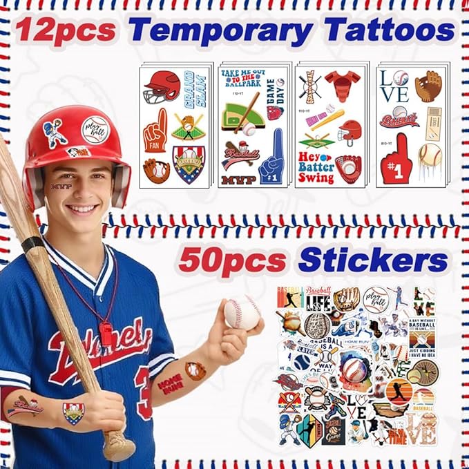134 PCS Baseball Party Favors, 12 Set Goodie Bag, Mini Stress Balls, Baseball Stickers, Rubber Bracelets, Keychain, Tattoo Stickers, Slap Bracelets, Whistle for Baseball Themed Party Supplies
