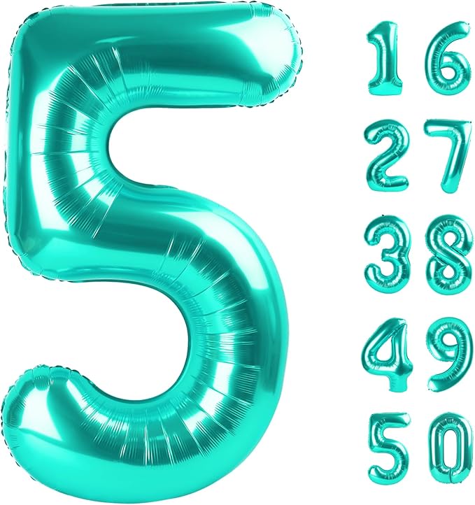 40 Inch Teal Blue Balloon Number 5 Balloon Jumbo Mylar Foil Helium Balloon for 15 25 35 50 Big Giant Jumbo Huge Foil Mylar Balloons 55th 65th Birthday Balloons Men Women Party Decorations