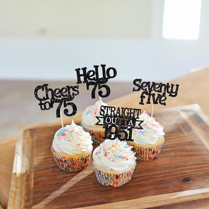 Ephlyn 24Pcs 75th Birthday Cupcake Toppers Glitter Straight Outta 1951 Cupcake Picks Hello 75 Cheers to 75 Years Cake Decorations for 75th Birthday Anniversary Party Decorations Supplies Black