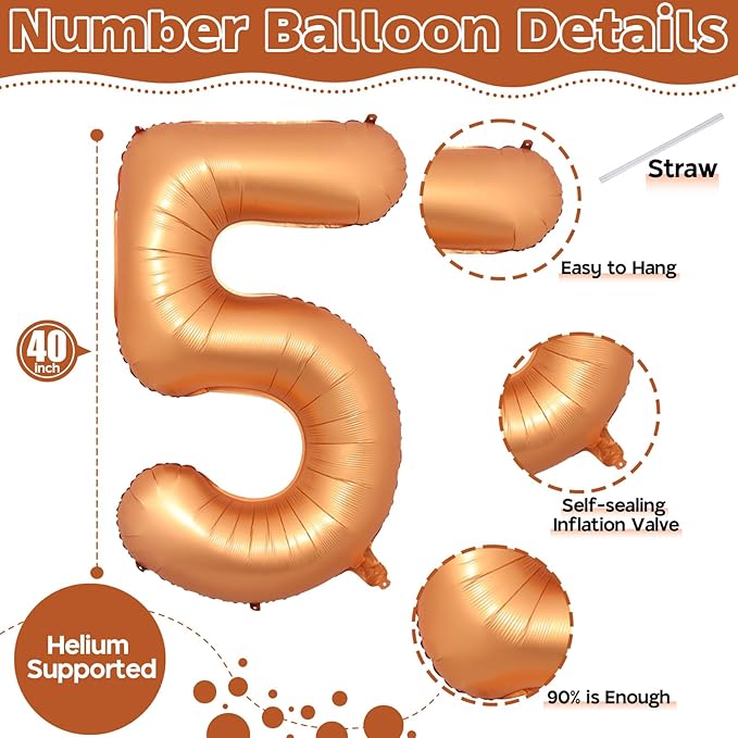 40 Inch Number 5 Balloon, Big Foil Self Inflating 5th Birthday Number Balloons Orange Decor, 0-9 Set Helium Ballons for Girls Kids Birthday Party Anniversary Celebration Party Decorations Supplies