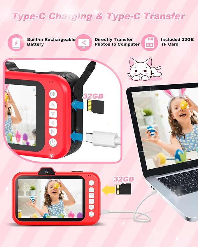 Kids Camera, 1080P 48MP Front Selfie Toddler Camera, 3.5 inch Big Screen Toy Camera, 10X Zoom in Chritmas Birthday Gift Cameras for Kids Boys Girl Age 2 3 4 5 6 7 8 9 10 11 12, Red
