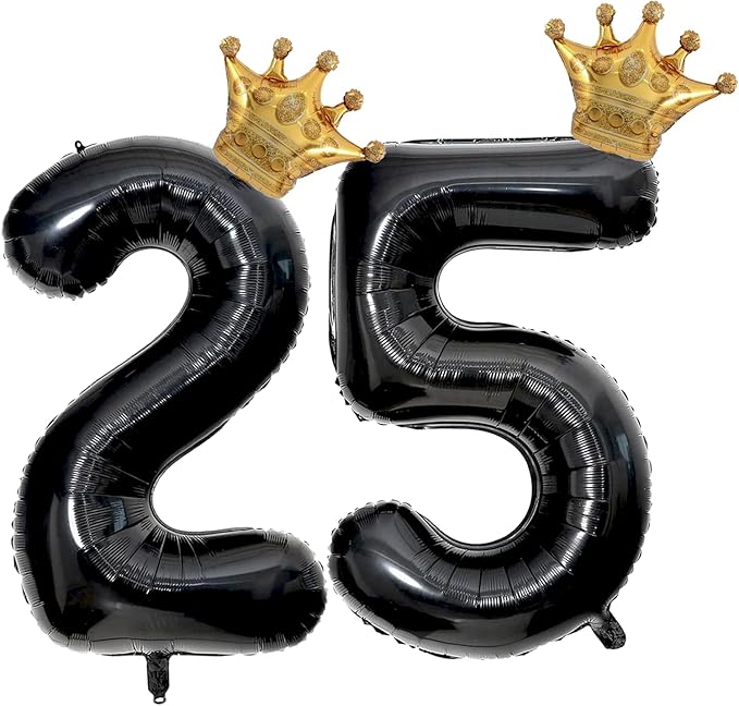 40 inch Large Black 25 Balloon Number with Gold Crown Balloons 25th Birthday Big Foil Mylar Helium Balloon for Boys Girls 25th Birthday Anniversary Decorations Supplies Favors(Number 25 Balloons）