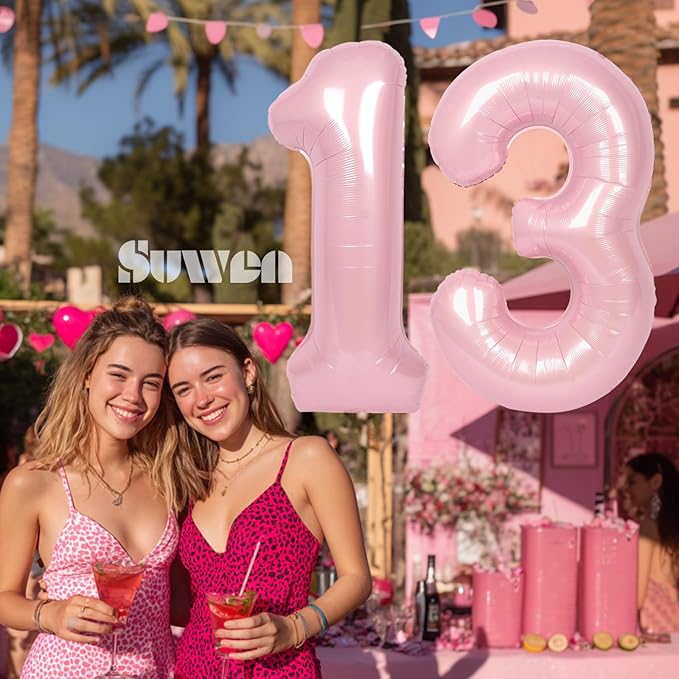 SUWEN 40 Inch Pink Large 13 Number Balloons Big Foil Helium Number Balloons 0-9 Jumbo Happy 13th Mylar Birthday Party Decorations for Girl or Women 31 Anniversary Party Supplies