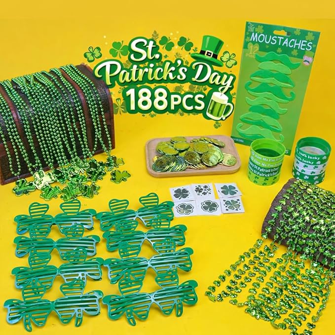 Max Fun 188Pcs St Patricks Day Accessories Party Favors Set, Saint Patricks Day Decorations Irish Decor for Kids, Green Beads Shamrock for Parades Party Supplies