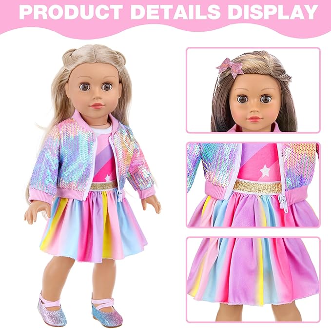 UNICORN ELEMENT American 18 Inch Doll Makeup Accessories and Clothes,Sequin Backpack Set for 18" Dolls Include Skirt Bracelet Hair Clip Phone and Makeup Sets（No Doll and Shoes