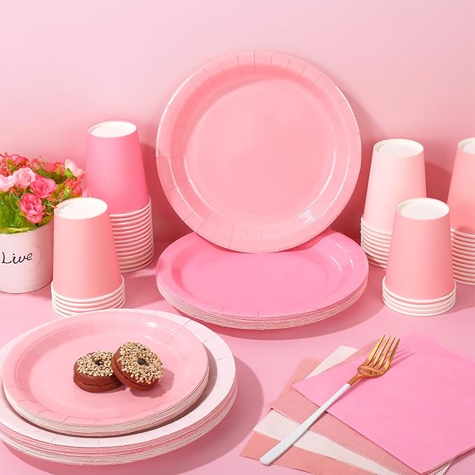 Whaline 244Pcs Pink Tableware Set Serves 48 Gradient Pink Disposable Dinnerware 48 9" Plates 48 7" Plate 48 9oz Cups 100 Napkins for Wedding Birthday Party Supplies