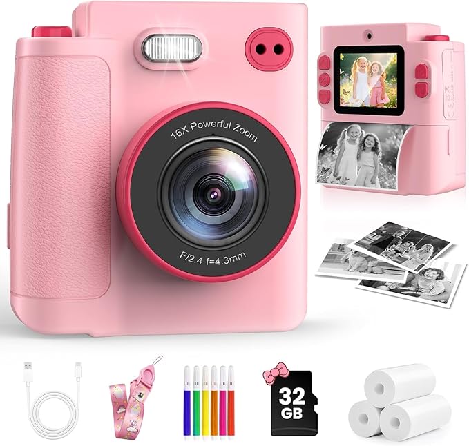 Mason & Friends Kids Instant Print Camera – 1080P HD Digital Camera for Boys & Girls Ages 3–10 | Photo, Video, Music & Games | Includes 32GB SD Card – Perfect Birthday (Pink)